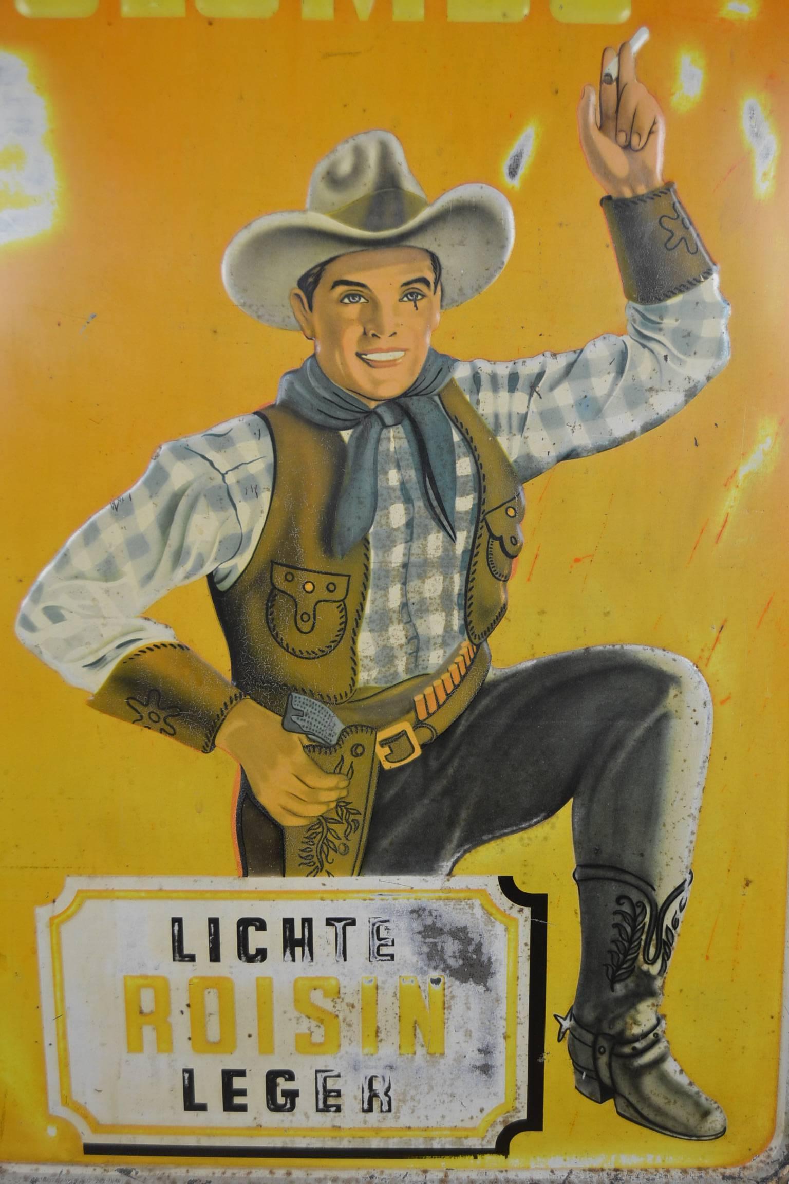 1940s Tin Advertising Sign for Colombo Cigarettes with a Smoking Cowboy In Good Condition In Retie, BE