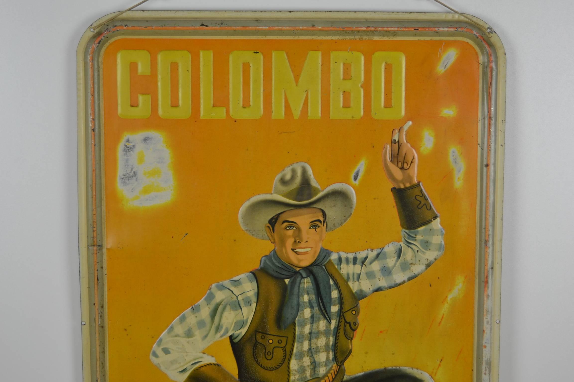 20th Century 1940s Tin Advertising Sign for Colombo Cigarettes with a Smoking Cowboy