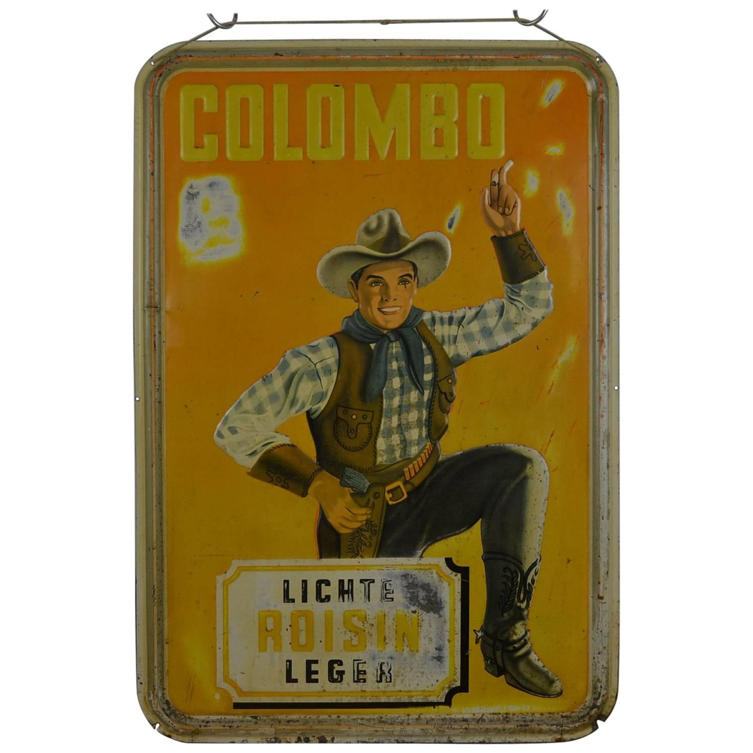 1940s Tin Advertising Sign for Colombo Cigarettes with a Smoking Cowboy
