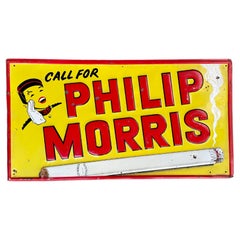 Used 1940s Tin Sign Philip Morris Cigarettes Smoking Mid-Century Garage Decor Tobacco