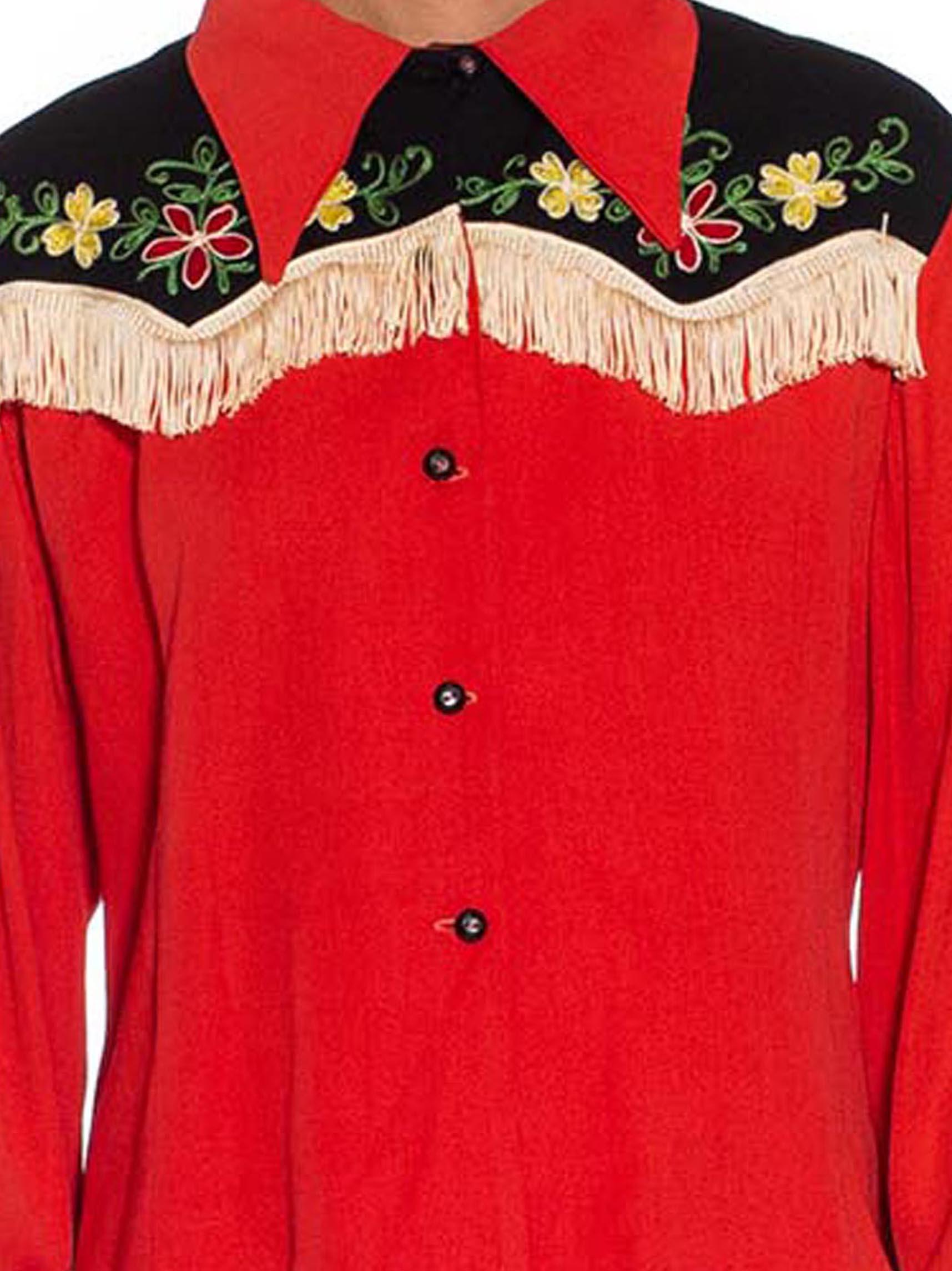 1940S Tomato Red & Black Rayon Western Shirt With Floral Embroidery Fringe 4