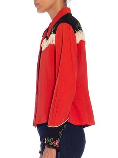 1940S Tomato Red & Black Rayon Western Shirt With Floral Embroidery Fringe