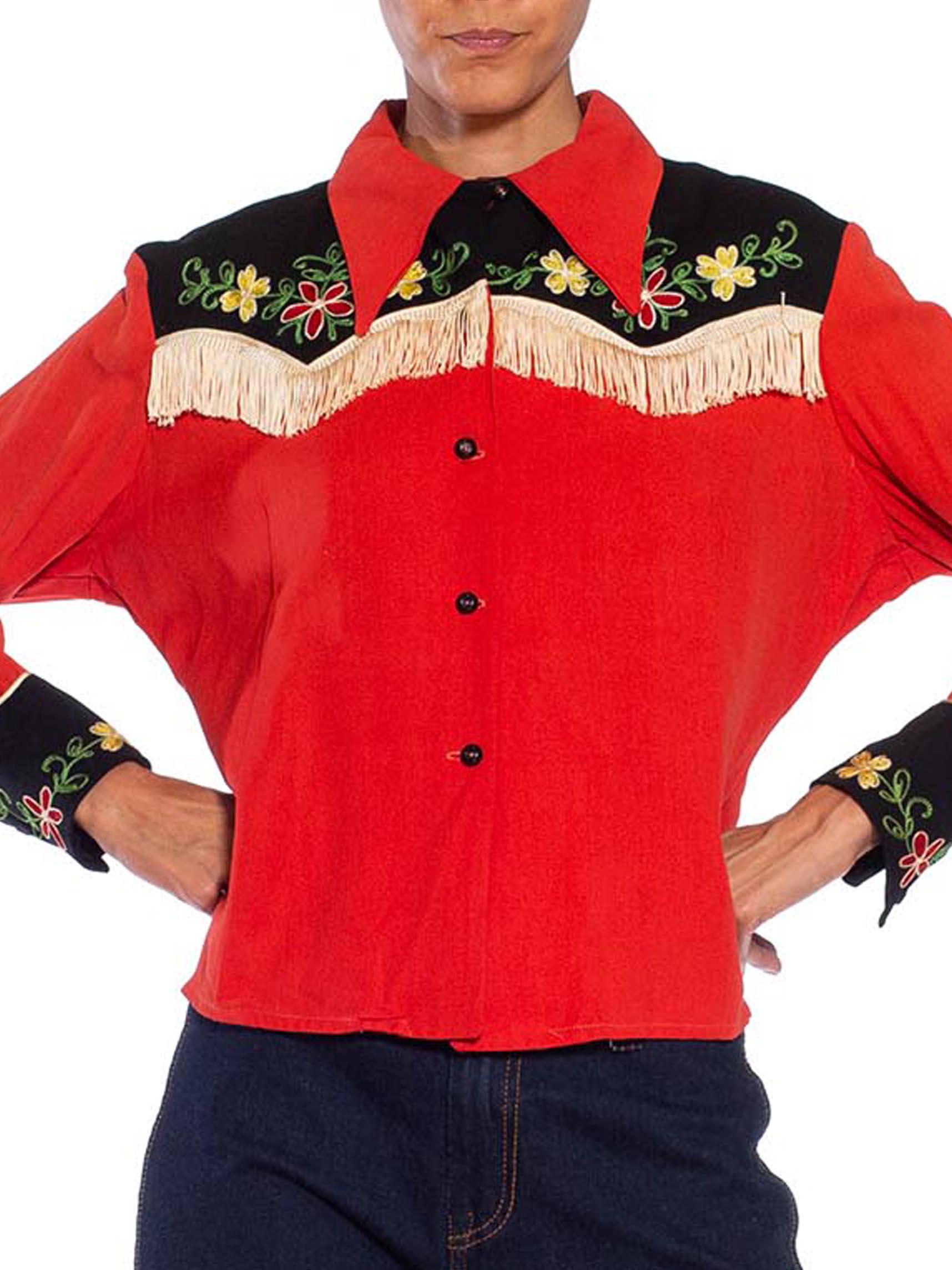 1940S Tomato Red & Black Rayon Western Shirt With Floral Embroidery Fringe In Excellent Condition In New York, NY
