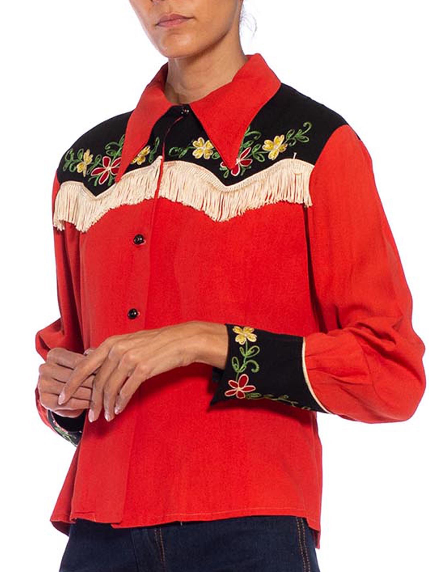 Women's 1940S Tomato Red & Black Rayon Western Shirt With Floral Embroidery Fringe