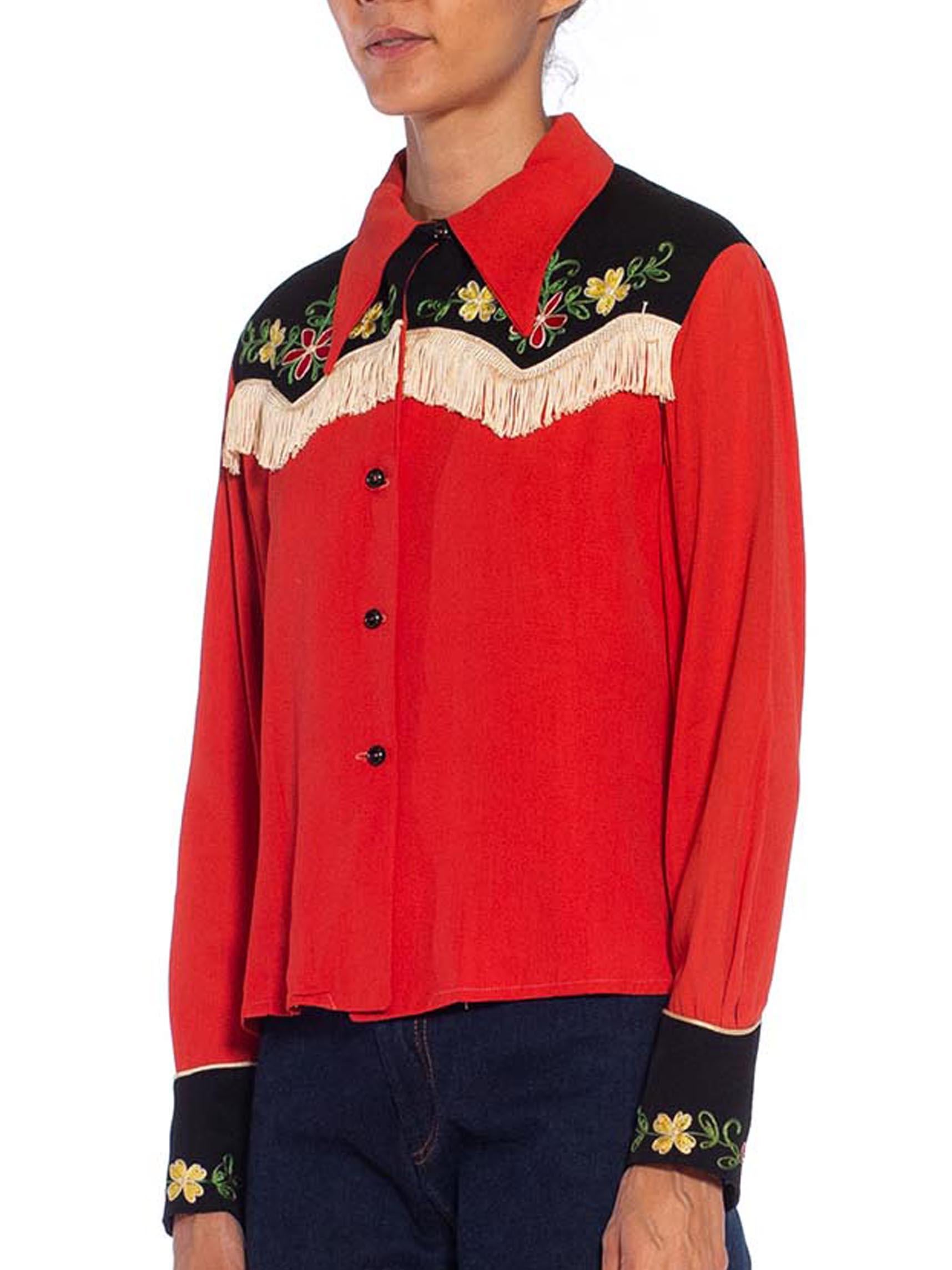 1940S Tomato Red & Black Rayon Western Shirt With Floral Embroidery Fringe 1