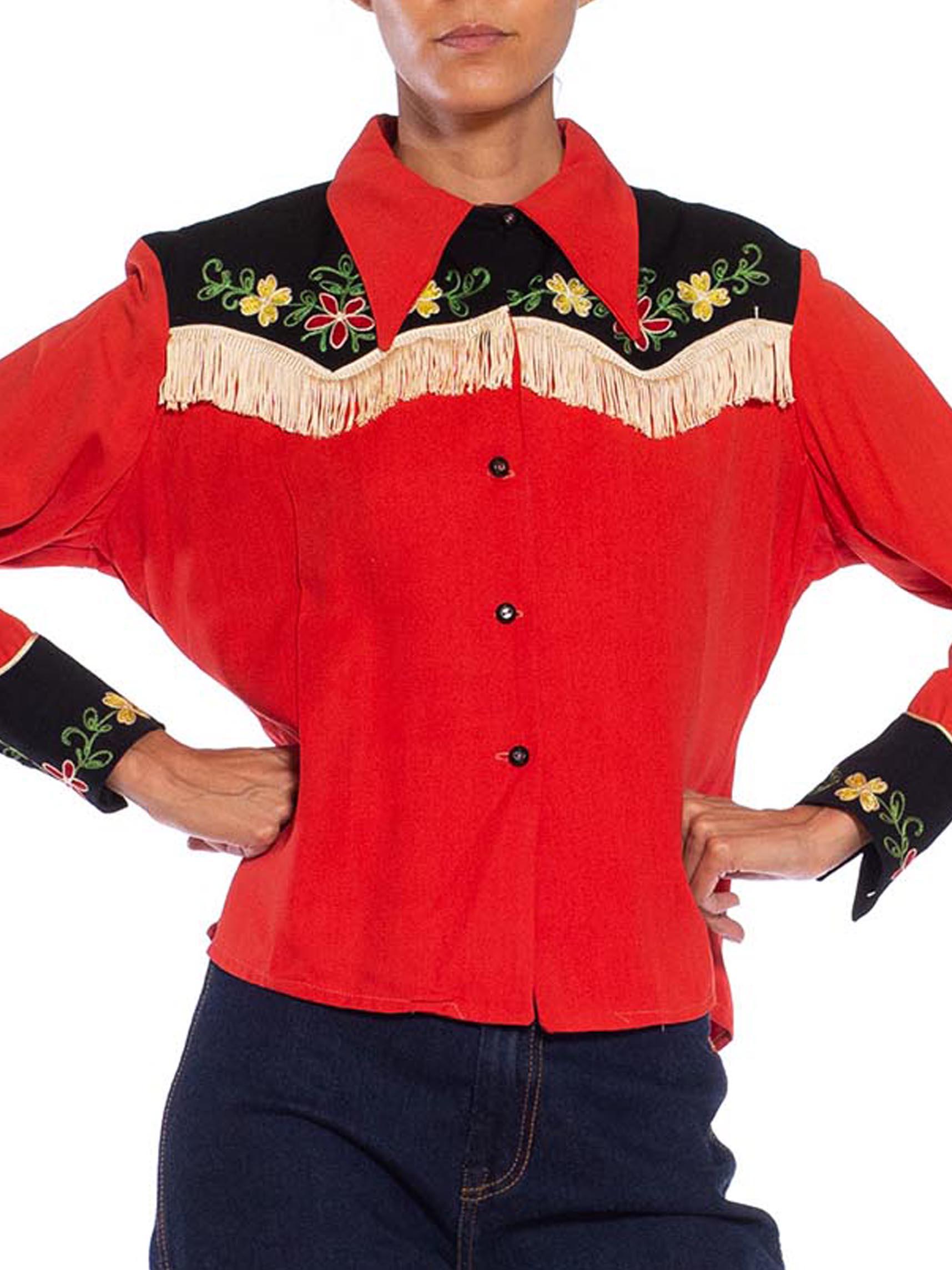 1940S Tomato Red & Black Rayon Western Shirt With Floral Embroidery Fringe 2