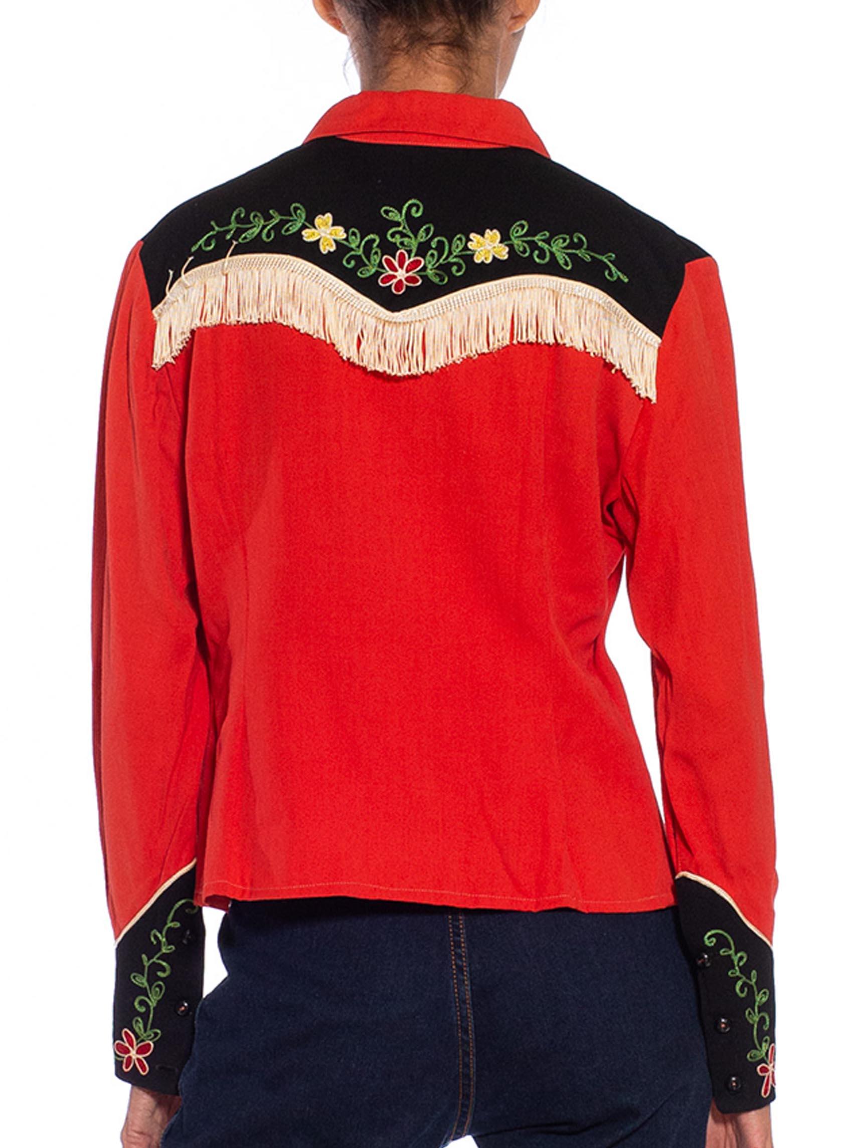 1940S Tomato Red & Black Rayon Western Shirt With Floral Embroidery Fringe 3