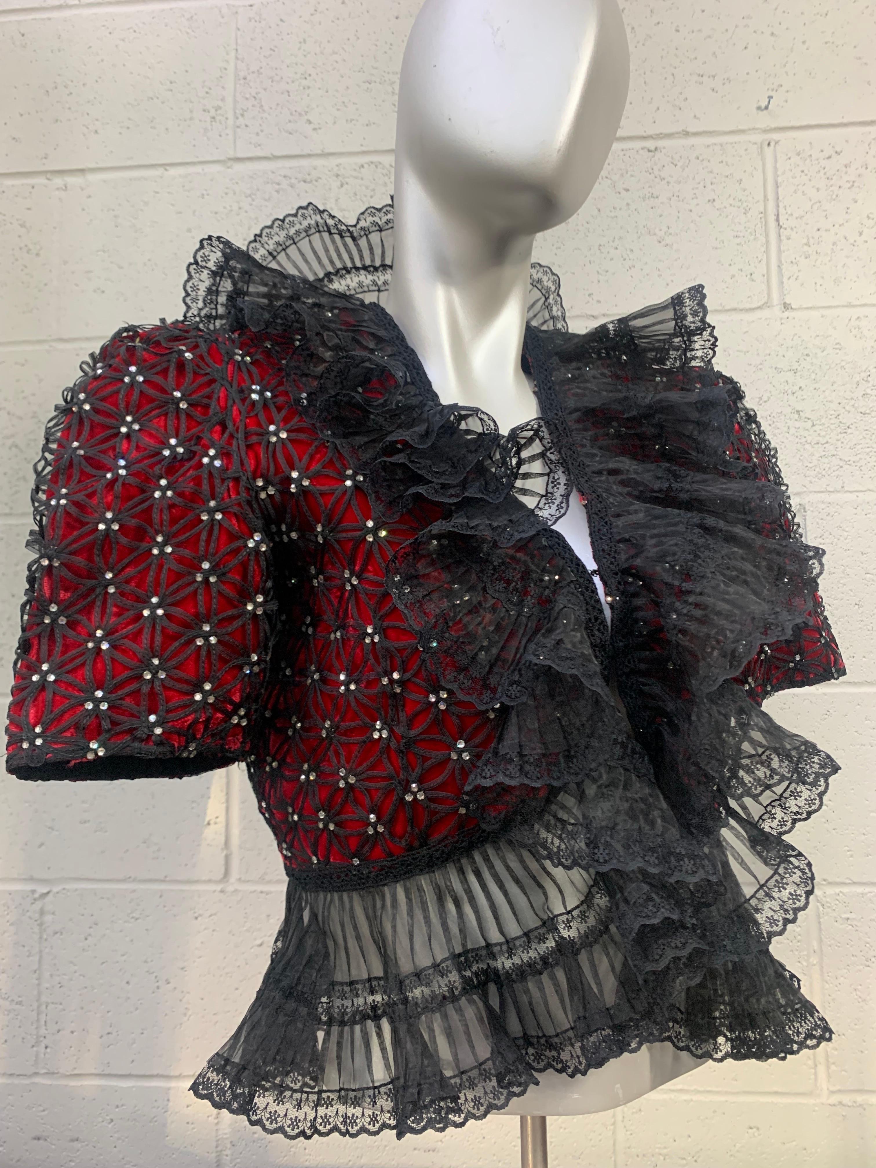 1940s Torso Creations Red Velvet Bolero Jacket w  Lattice Overlay & Ruffles For Sale 5