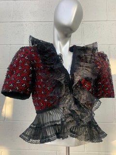 1940s Torso Creations Red Velvet Bolero Jacket w  Lattice Overlay & Ruffles