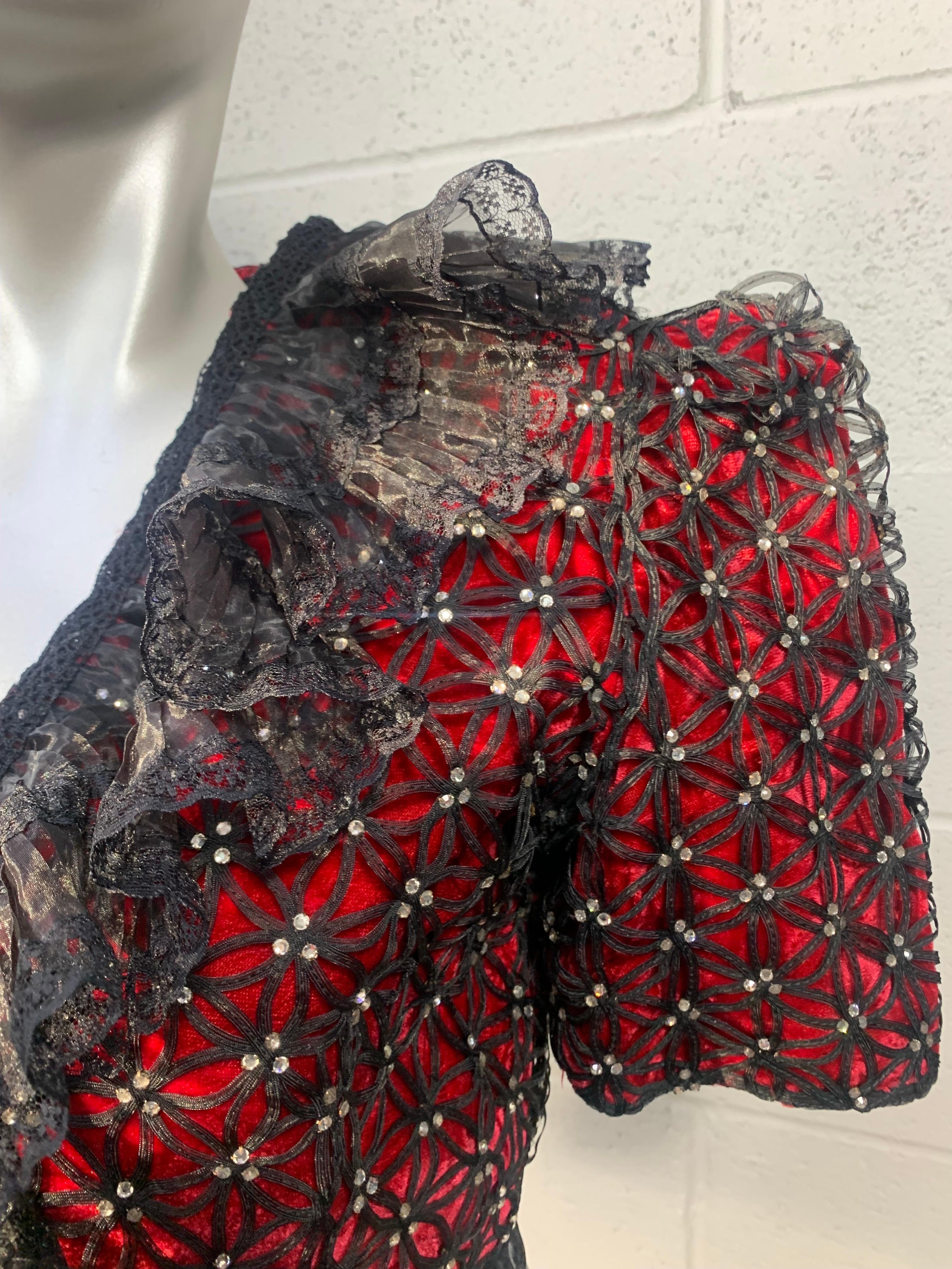 Black 1940s Torso Creations Red Velvet Bolero Jacket w  Lattice Overlay & Ruffles For Sale