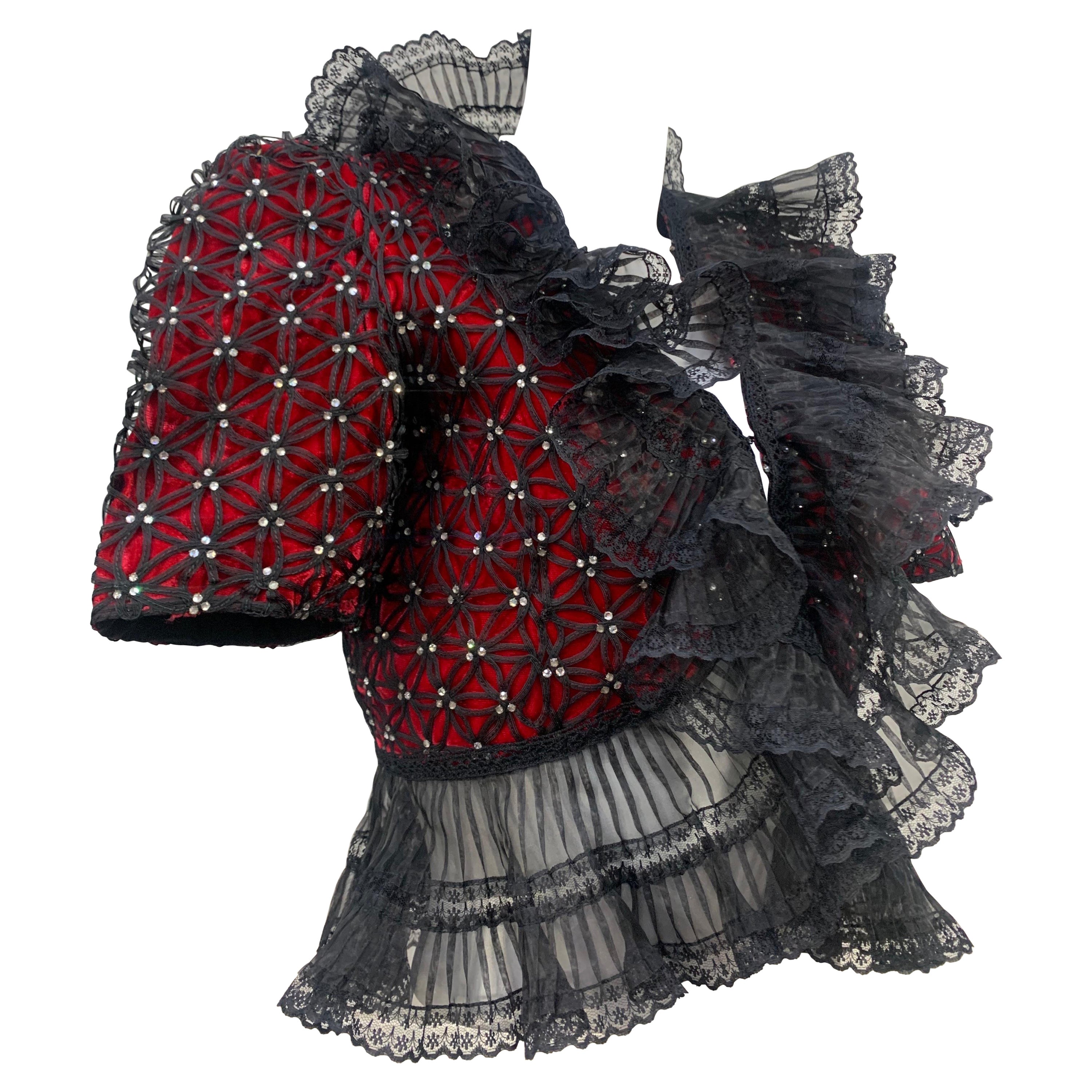 Giacca Bolero in velluto rosso di Torso Creations degli anni '40 con  Sovrapposizione a reticolo e volant in vendita