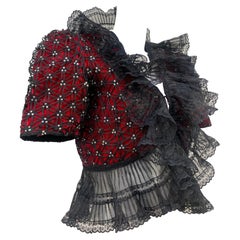 1940s Torso Creations Red Velvet Bolero Jacket w  Lattice Overlay & Ruffles
