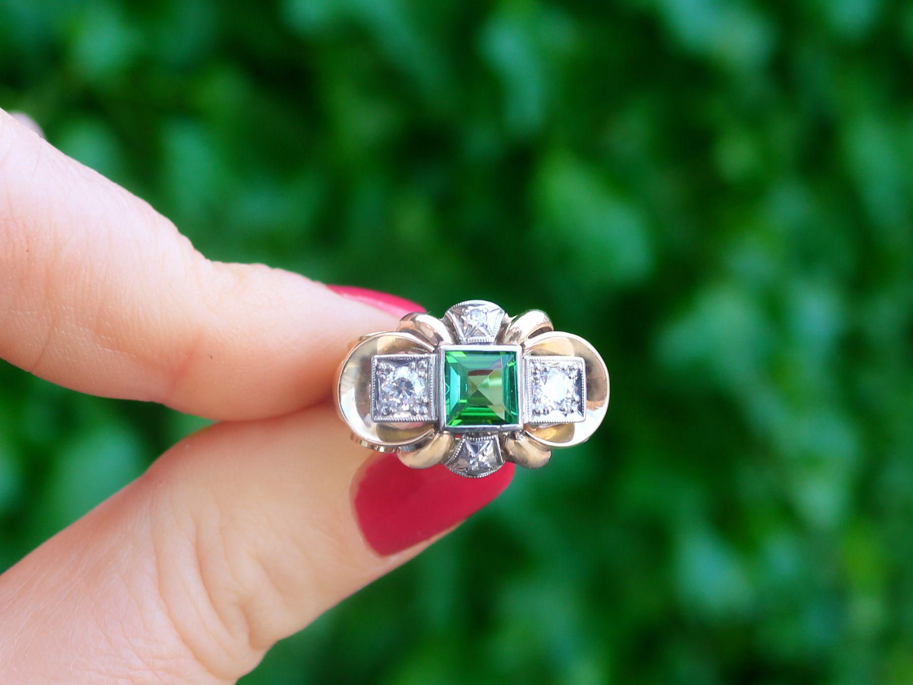 An impressive vintage 0.83 carat tourmaline and 0.45 carat diamond, 18k yellow and white gold dress ring; part of our diverse vintage jewelry and estate jewelry collections.

This fine and impressive vintage diamond and tourmaline dress ring has