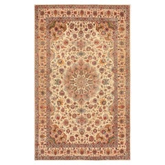 1940s TraditionaI Ivory Medallion Antique Tabriz Northwestern Knotted Silk Rug