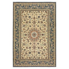 1940s Traditional Beige Floral Shah Abbas Antique Isfahan Wool Silk Carpet Rug