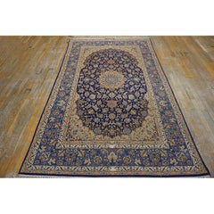 1940s Traditional Blue Navy Medallion Antique Isfahan Wool Silk Signed Abtin Rug