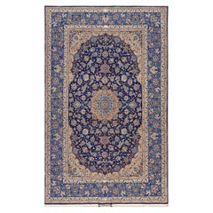 1940s Traditional Blue Navy Medallion Antique Isfahan Wool Silk Signed Abtin Rug