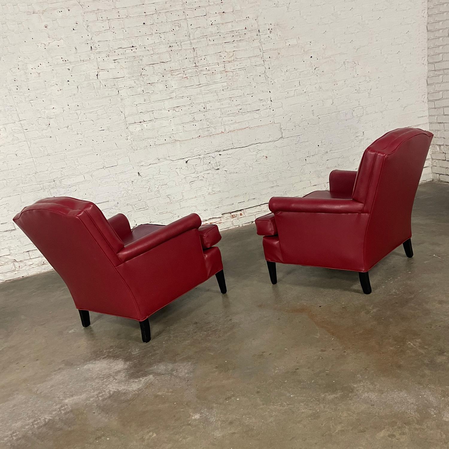 1940’s Traditional Club Chairs Original Red Faux Leather & Wood Legs a Pair For Sale 4