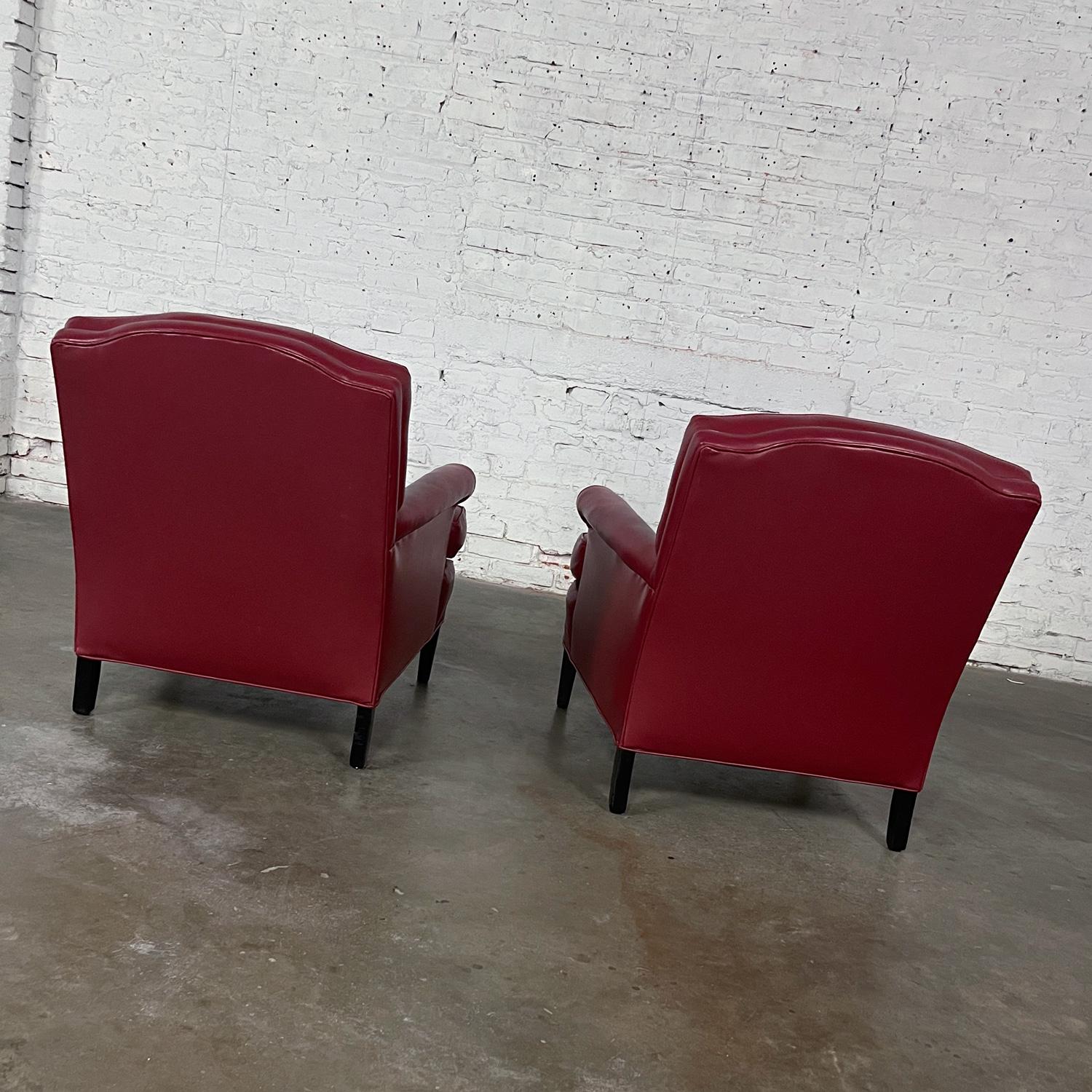 1940’s Traditional Club Chairs Original Red Faux Leather & Wood Legs a Pair For Sale 5