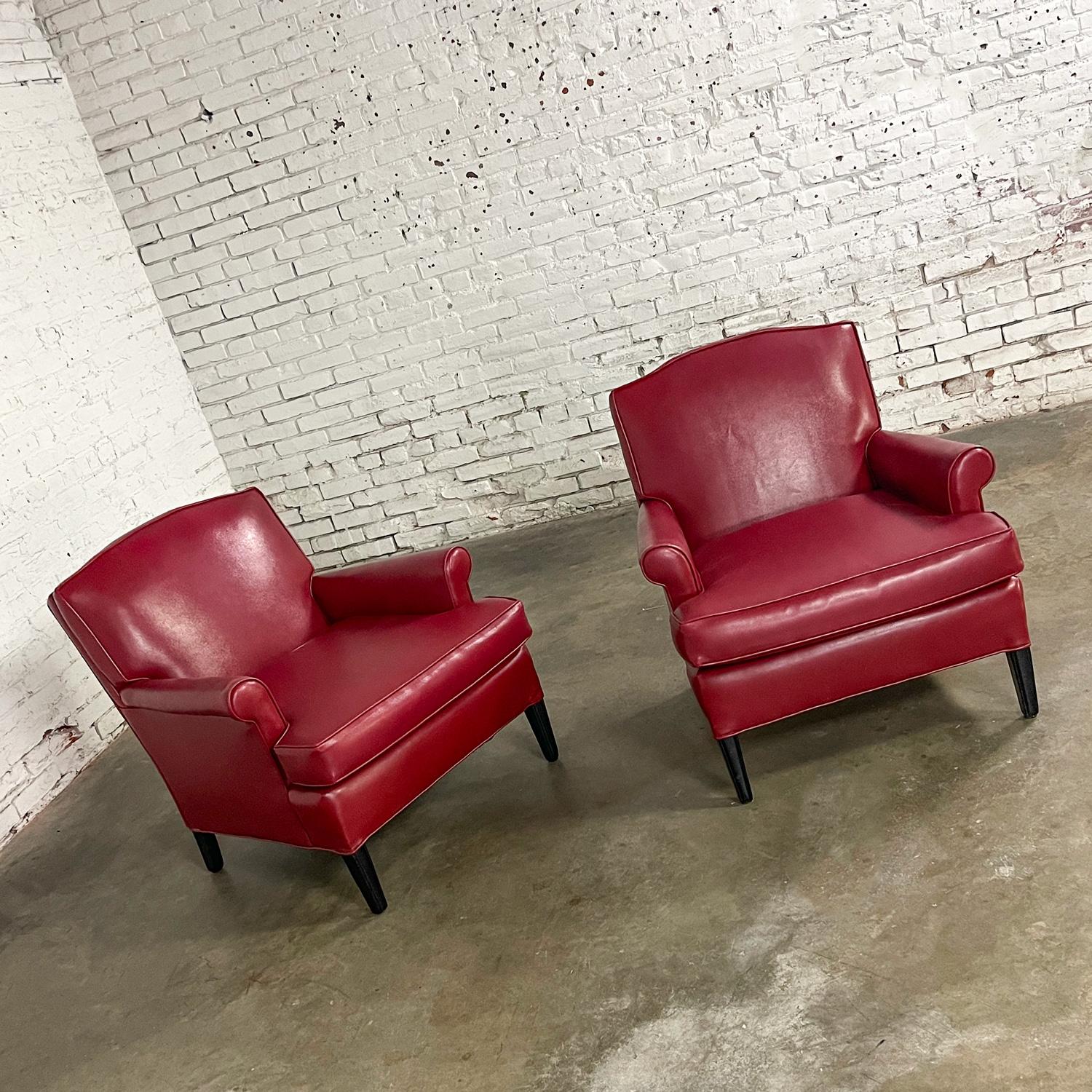 1940’s Traditional Club Chairs Original Red Faux Leather & Wood Legs a Pair For Sale 6