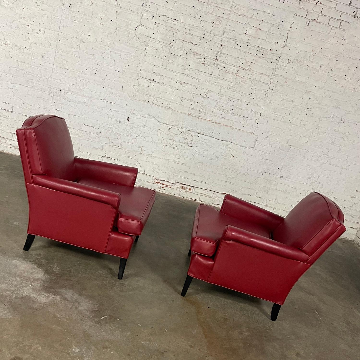 1940’s Traditional Club Chairs Original Red Faux Leather & Wood Legs a Pair For Sale 7