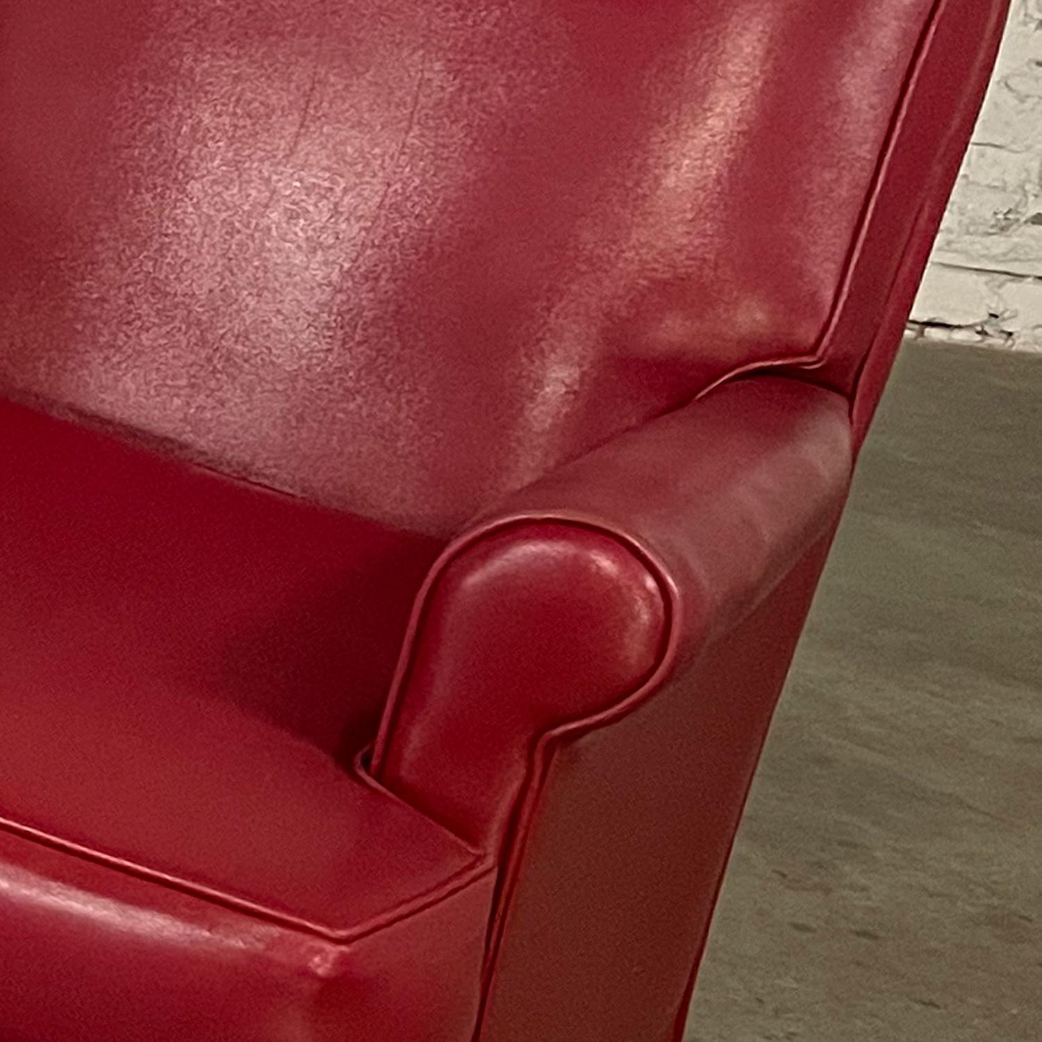 1940’s Traditional Club Chairs Original Red Faux Leather & Wood Legs a Pair For Sale 9