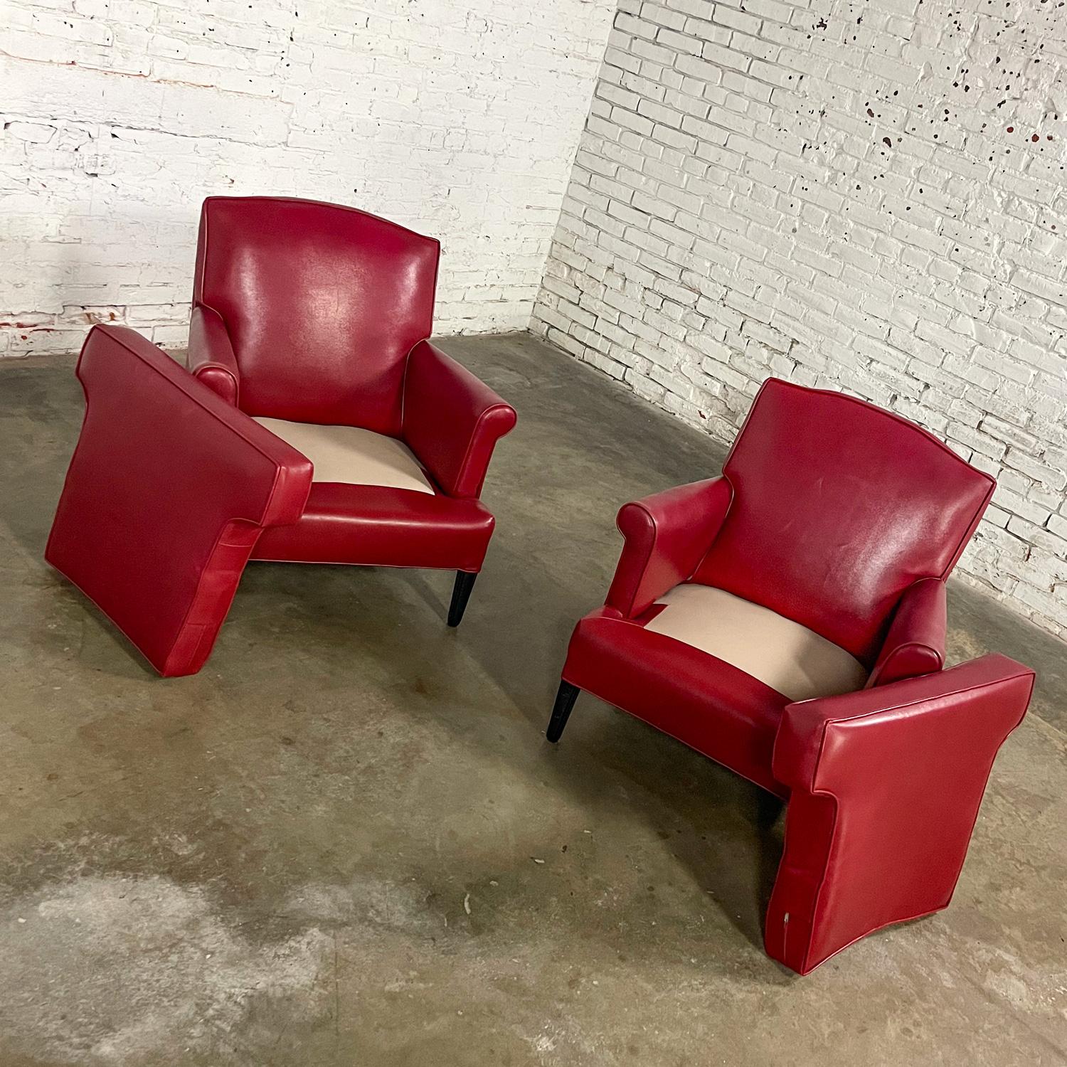 1940’s Traditional Club Chairs Original Red Faux Leather & Wood Legs a Pair For Sale 11