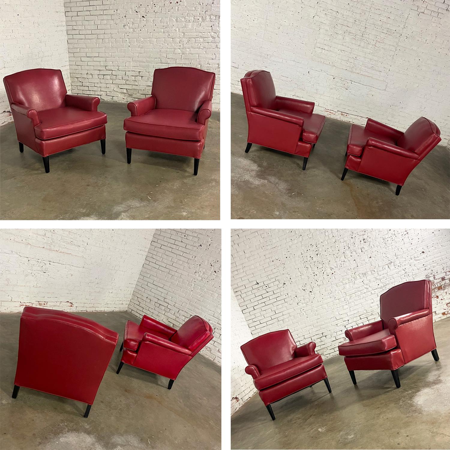 1940’s Traditional Club Chairs Original Red Faux Leather & Wood Legs a Pair For Sale 12