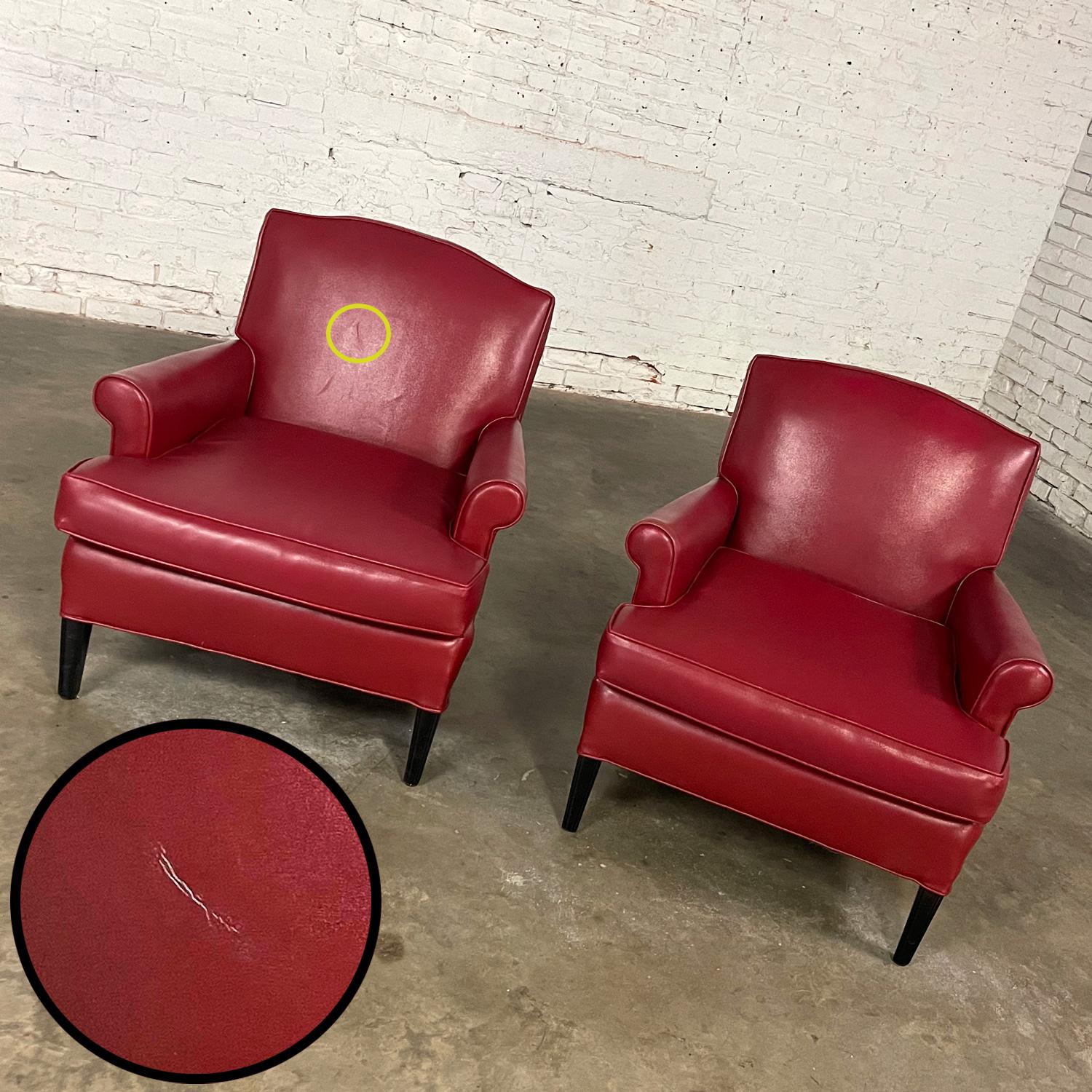 1940’s Traditional Club Chairs Original Red Faux Leather & Wood Legs a Pair For Sale 13