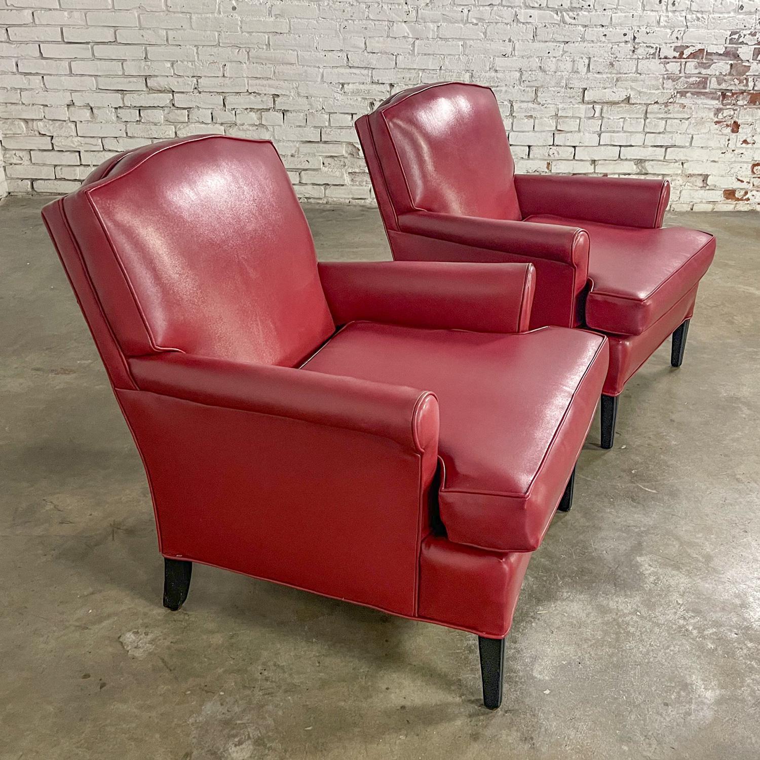 Unknown 1940’s Traditional Club Chairs Original Red Faux Leather & Wood Legs a Pair For Sale