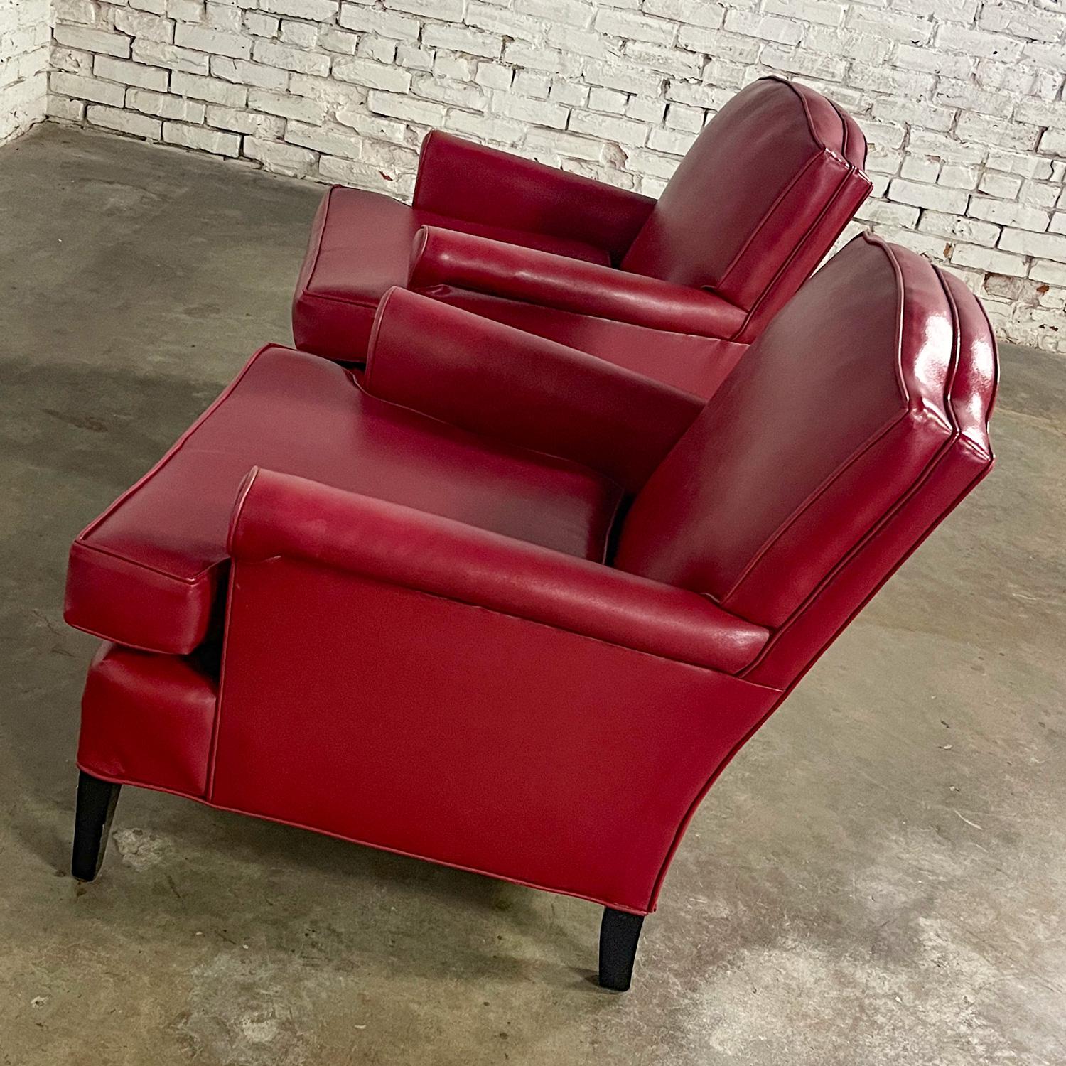 1940’s Traditional Club Chairs Original Red Faux Leather & Wood Legs a Pair In Good Condition For Sale In Topeka, KS