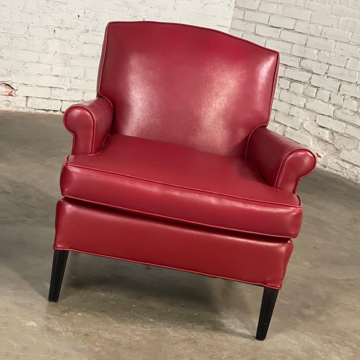 1940’s Traditional Club Chairs Original Red Faux Leather & Wood Legs a Pair For Sale 1