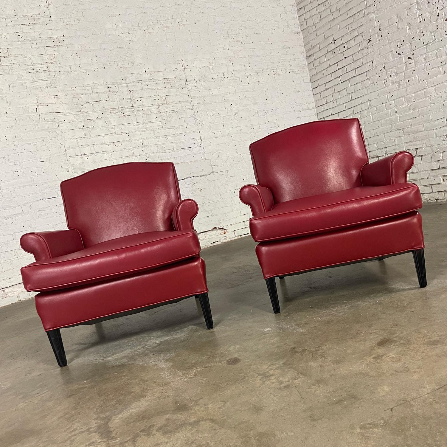 1940’s Traditional Club Chairs Original Red Faux Leather & Wood Legs a Pair For Sale 2