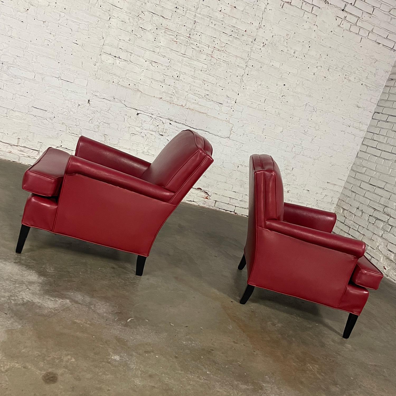 1940’s Traditional Club Chairs Original Red Faux Leather & Wood Legs a Pair For Sale 3