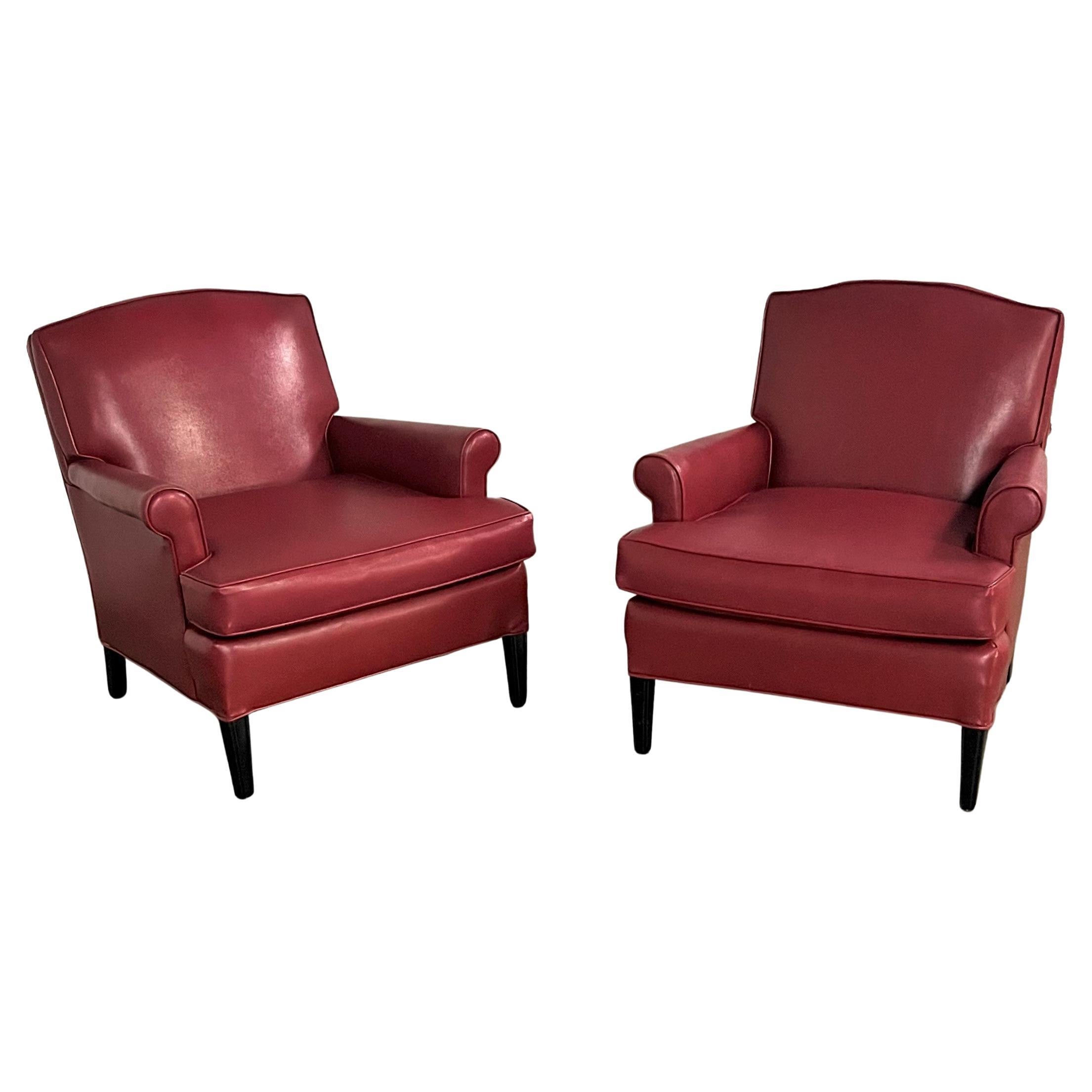 1940’s Traditional Club Chairs Original Red Faux Leather & Wood Legs a Pair For Sale