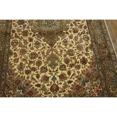 1940s Traditional Ivory Field Floral Vintage Tabriz Silk Highlights Carpet Rug