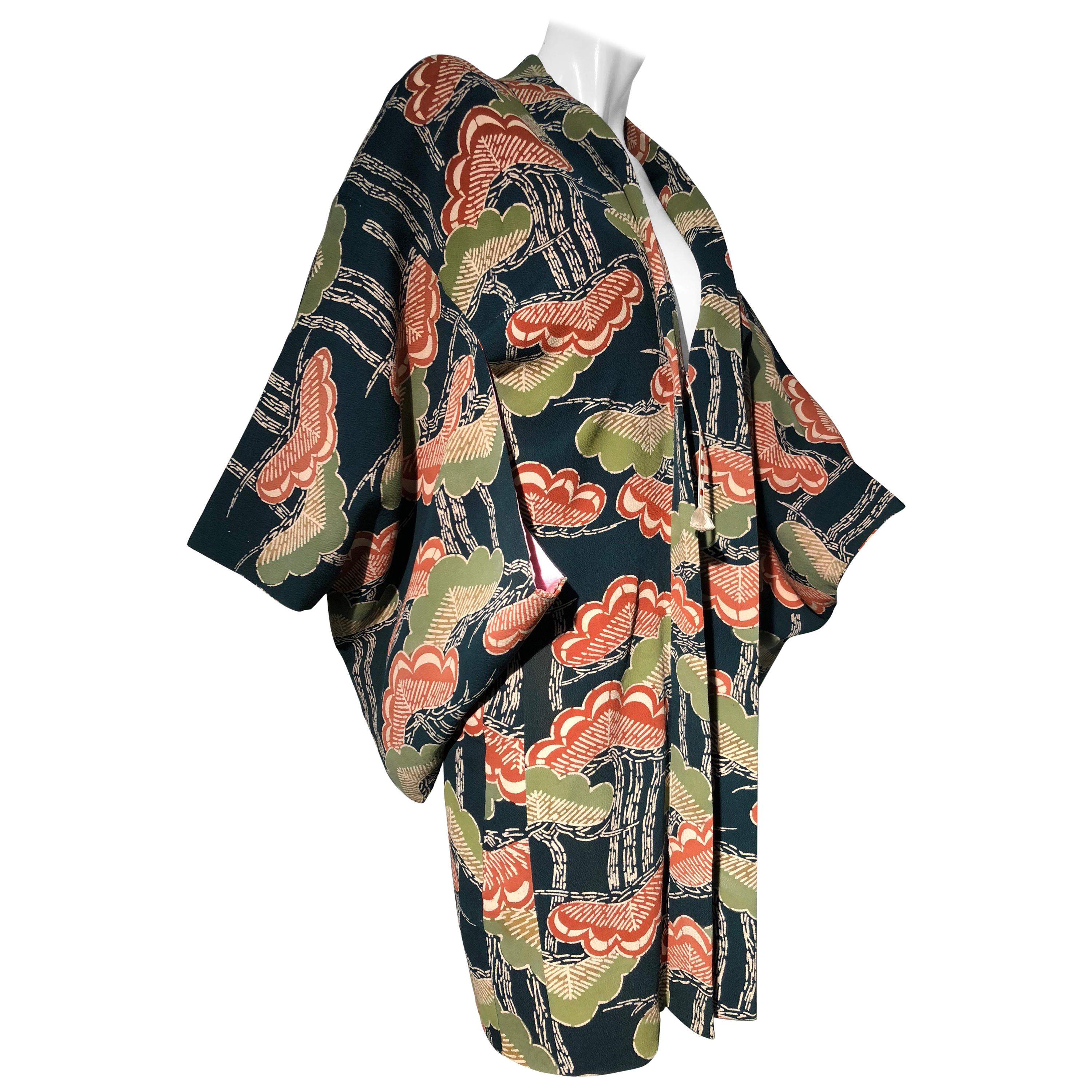 1940s Traditional Silk Kimono in Stylized Ginko Print Of Green Orange & Black