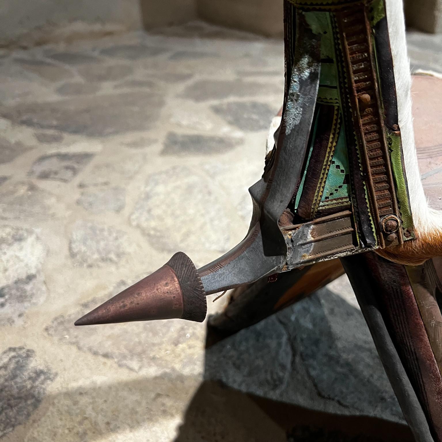 Tribal Wood Throne Chair in Goatskin Leather and Brass, 1940s For Sale 6