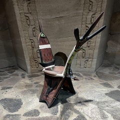 Tribal Wood Throne Chair in Goatskin Leather and Brass, 1940s