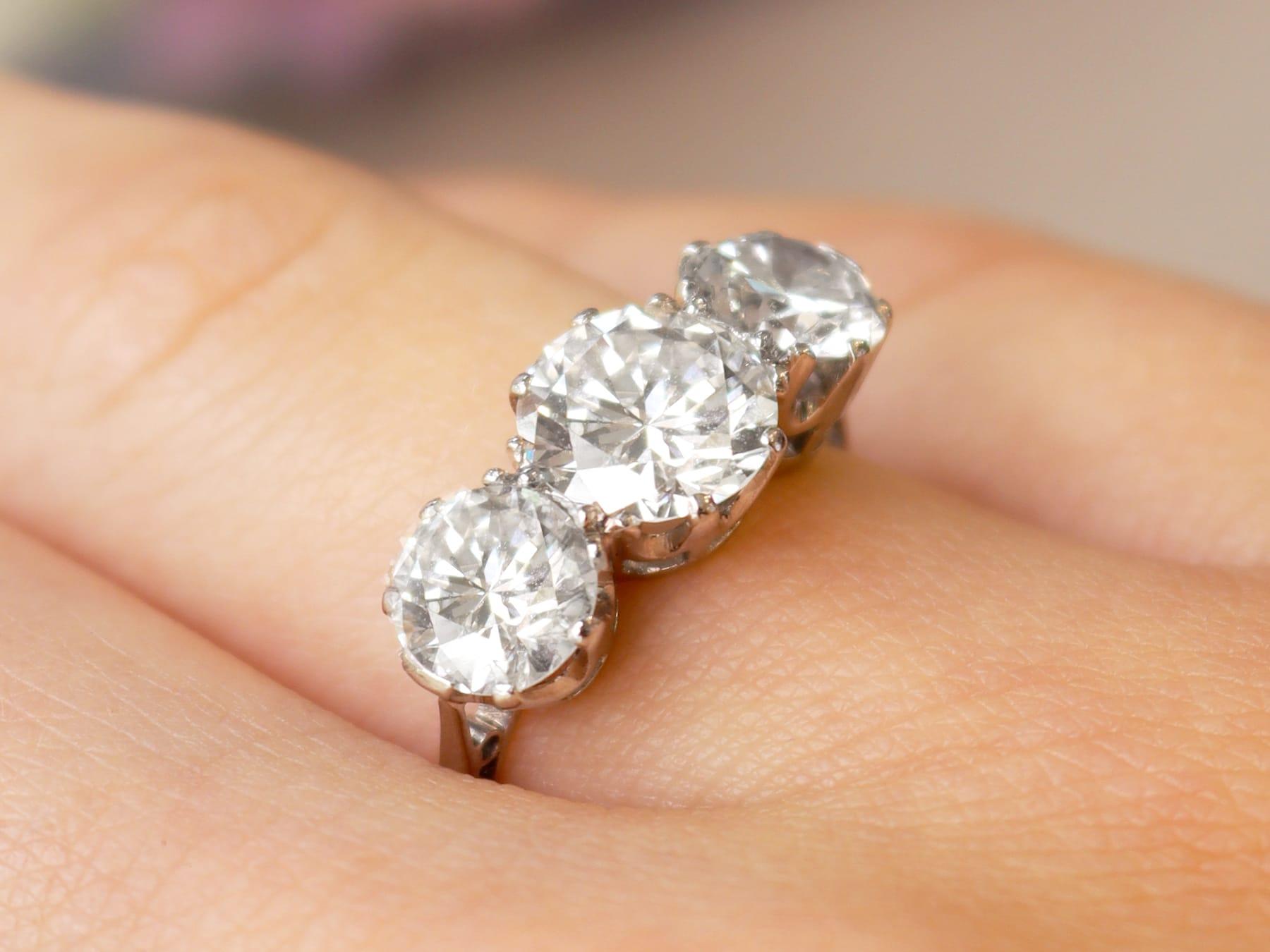 Round Cut 1940s 3.84 Carat Diamond Trilogy Engagement Ring in Platinum For Sale