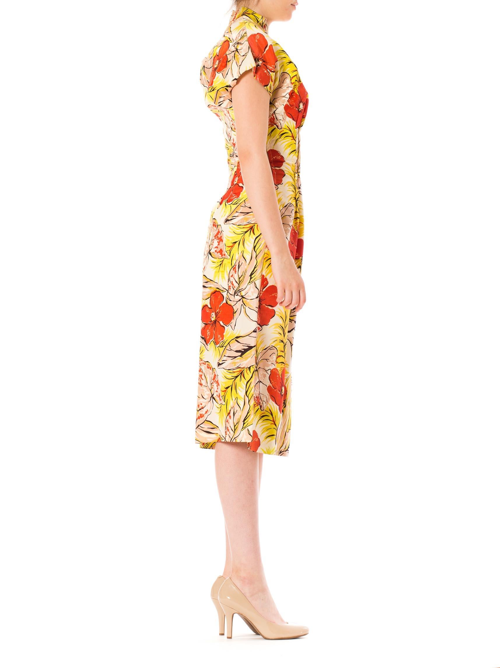Beige 1940S Tropical Printed Rayon Cheongsam Dress
