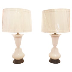 1940s Trumpet Lily Shaped Opalescent Glass Table Lamps - a Pair