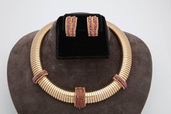 1940s Tubular, Ruby and Gold Tubogas Necklace with Matching Earrings En Suite