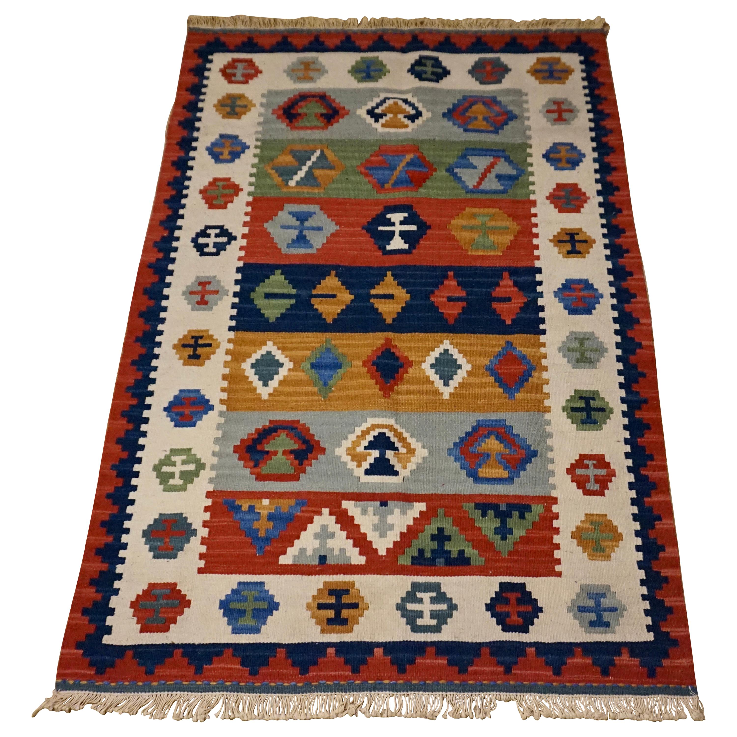 1940s Turkish Anatolian Wool Kilim Flat-Weave Rug Vivid Hues For Sale