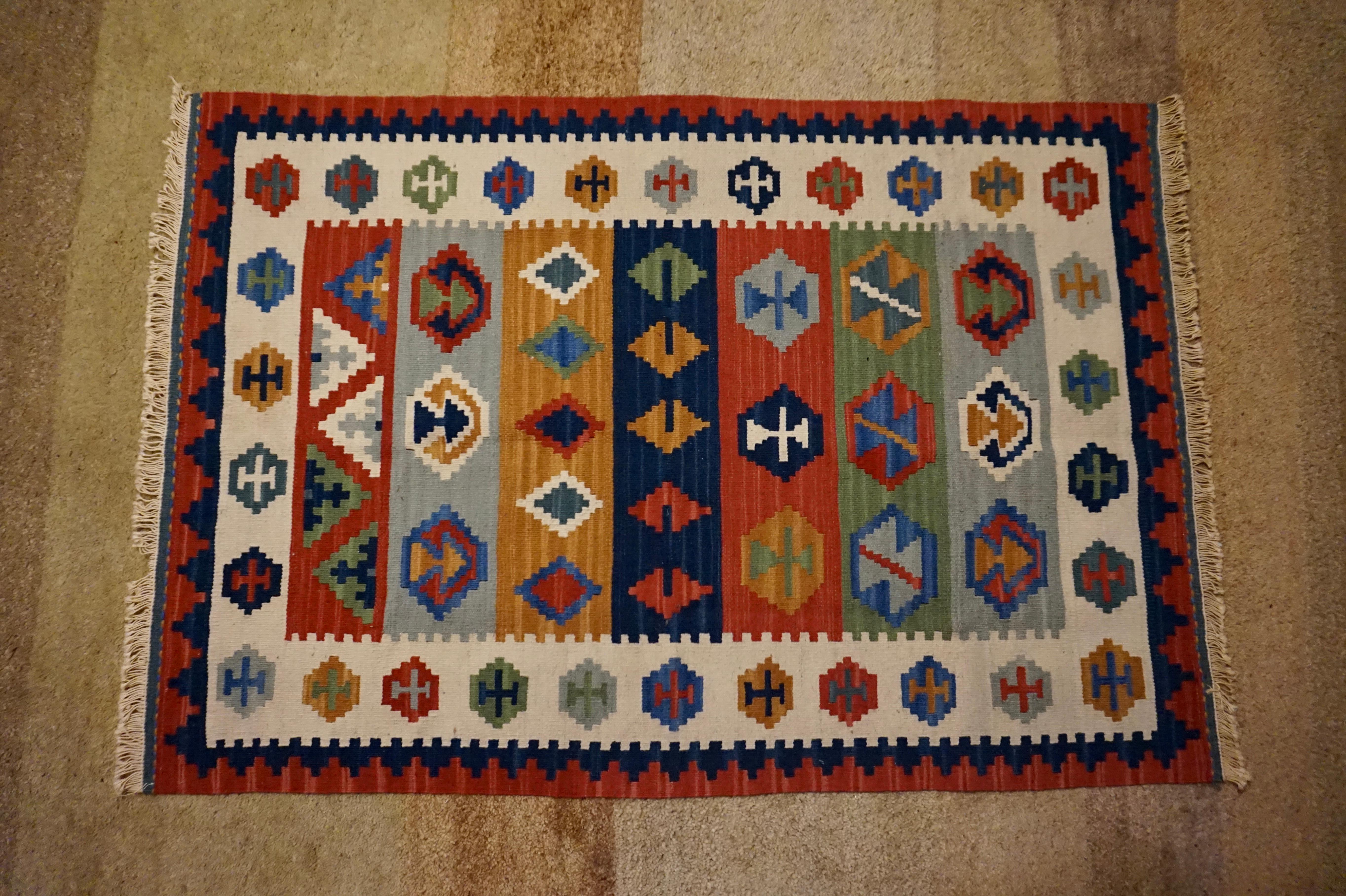 Tribal 1940s Turkish Anatolian Wool Kilim Flat-Weave Rug Vivid Hues For Sale