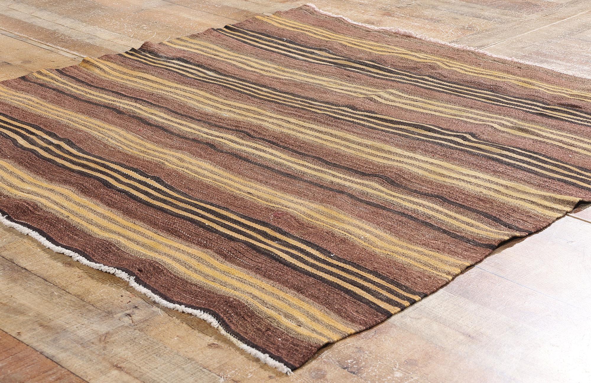 Lana Rug & Kilim turco del 1940 con strisce Bayadere, tappeto quadrato a strisce a trama piatta in vendita