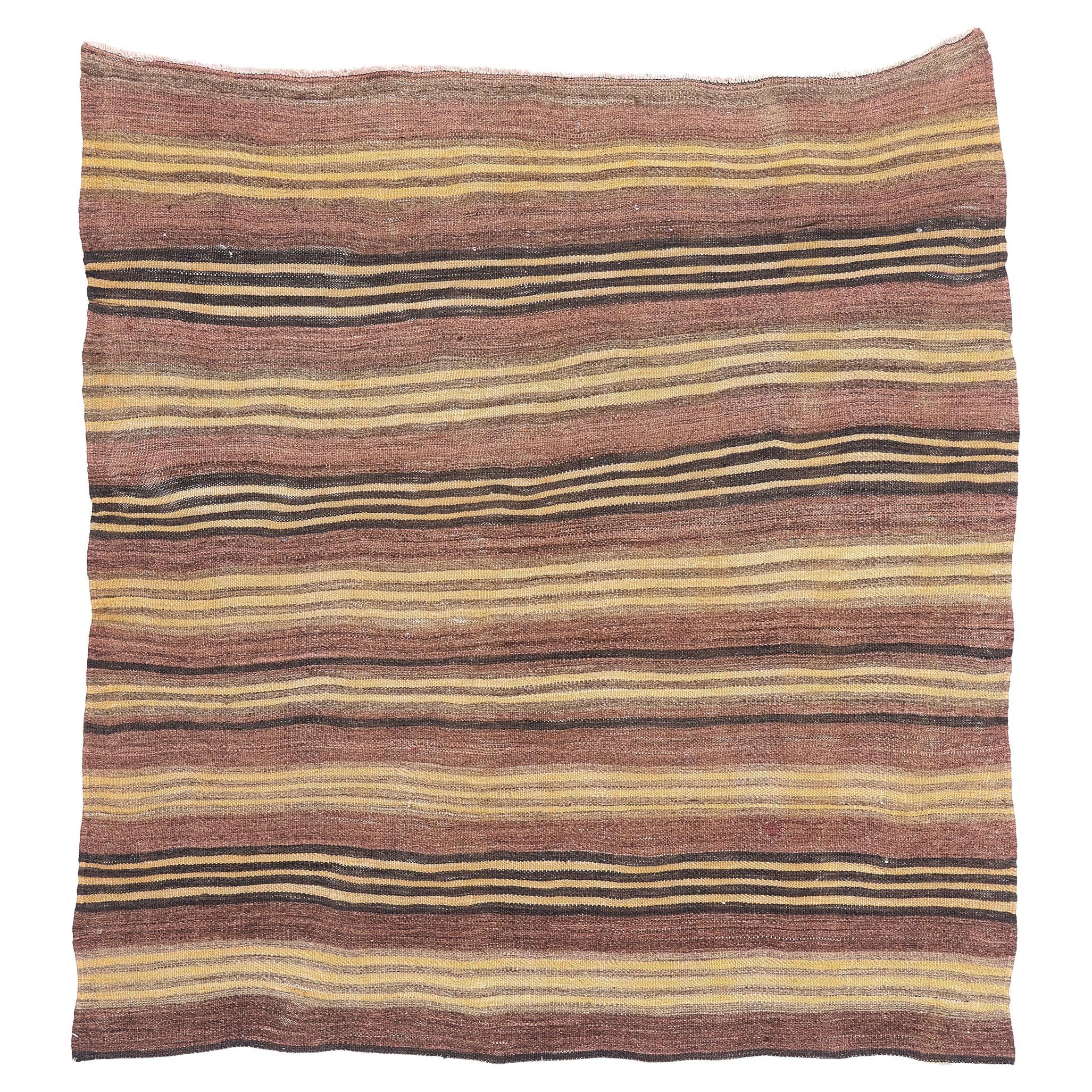 Alfombra Kilim turca de 1940 con rayas Bayadere, alfombra cuadrada de rayas de tejido plano