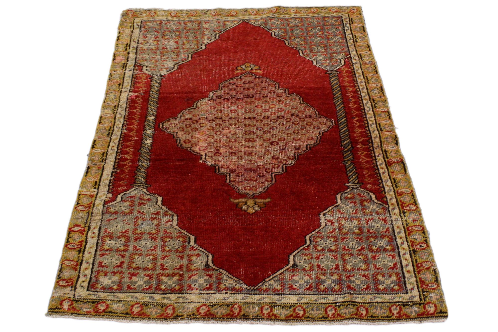 51736 Antique Turkish Oushak Prayer Rug, 02'08 x 04'01. A sacred fragment of Anatolian devotion, this hand-knotted wool antique Turkish Oushak prayer rug unfolds like a whispered prayer from centuries past. At its heart lies a radiant red mihrab—a