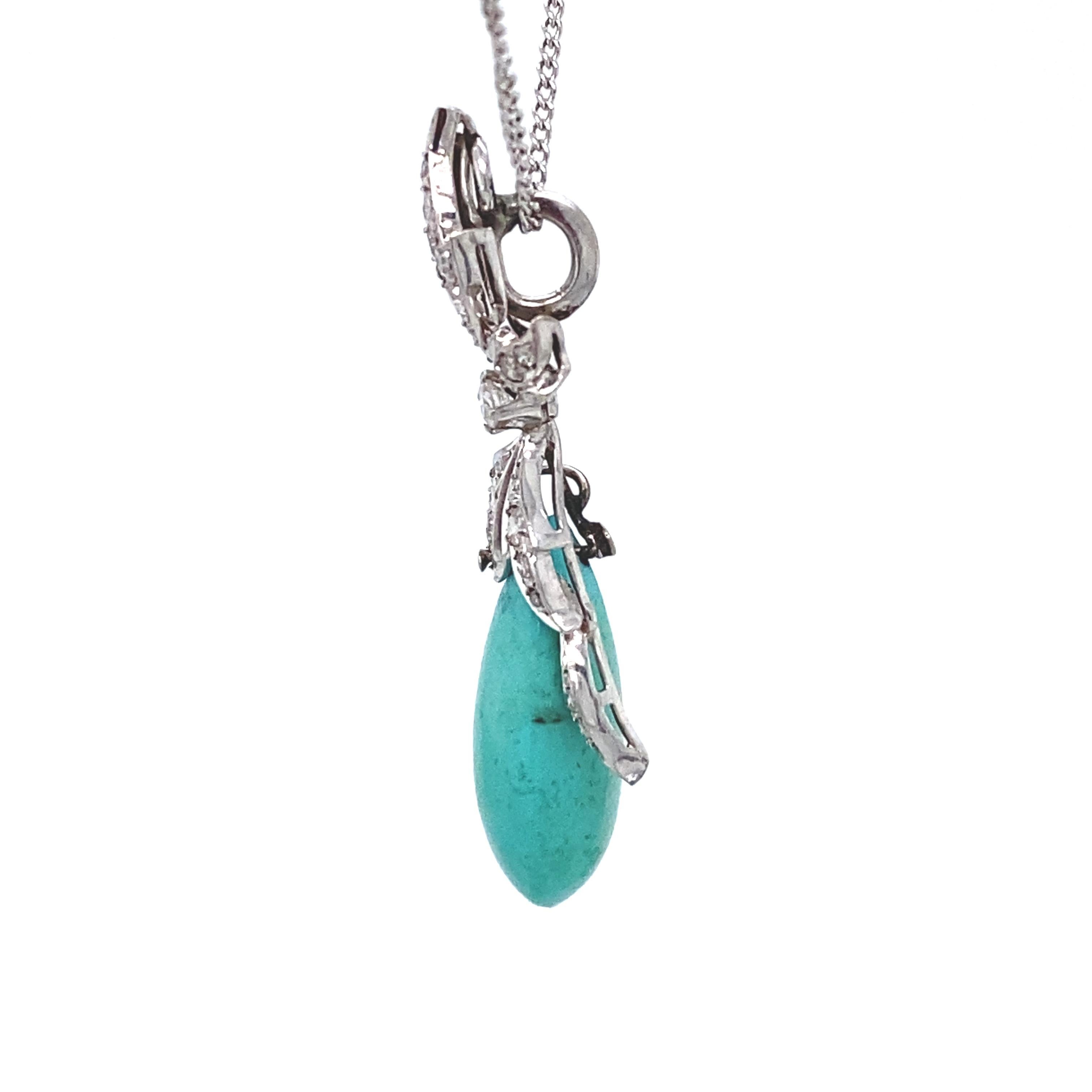 Retro 1940s Turquoise and Diamond Drop Pendant in 18 Karat White Gold For Sale