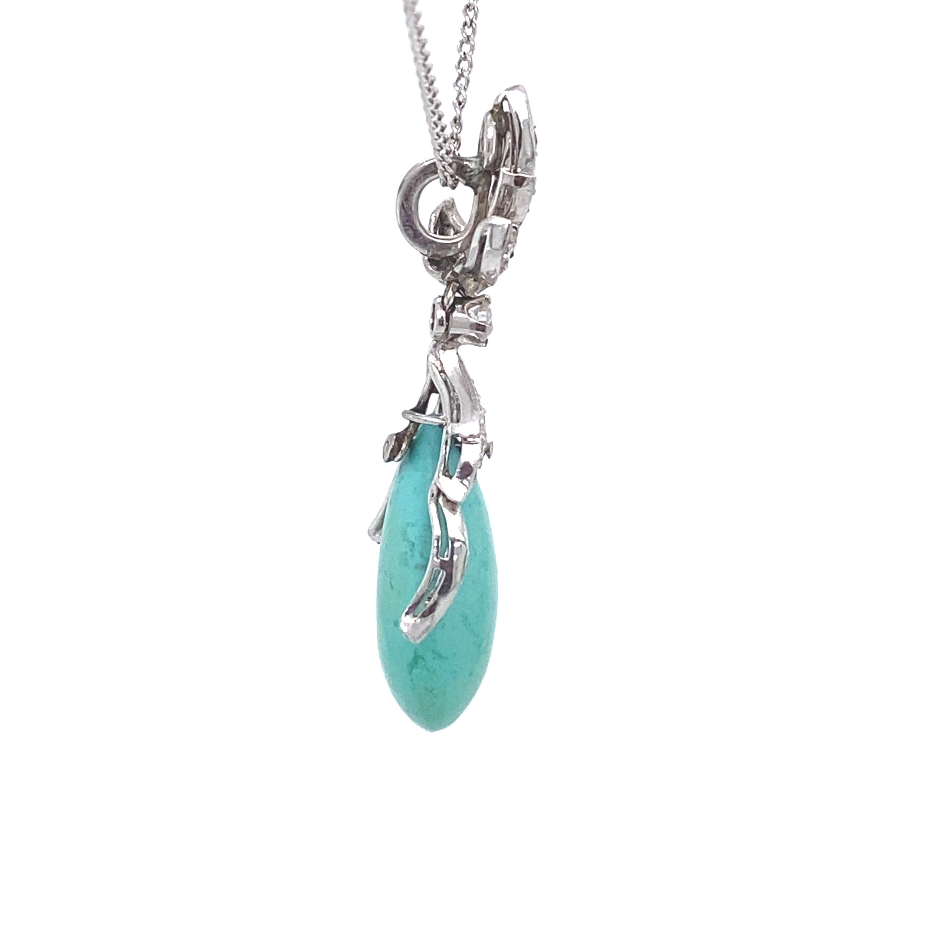 Round Cut 1940s Turquoise and Diamond Drop Pendant in 18 Karat White Gold For Sale